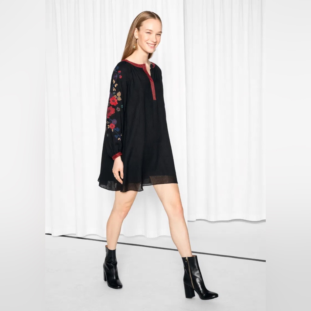 & Other Stories Embroidered Bishop Sleeve Dress Womens Size 8